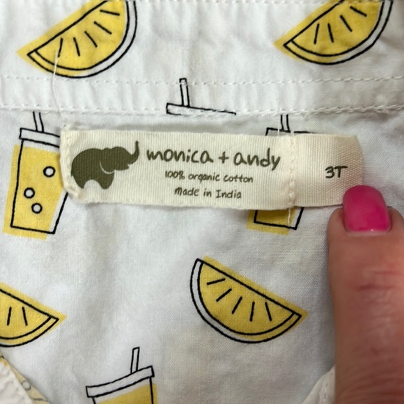 Monica + Andy short-sleeve white button down with yellow soda cups and lemons. - Picture 4 of 5